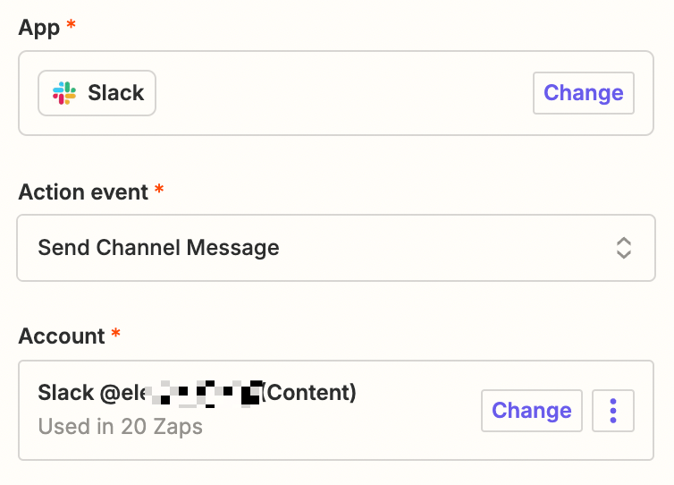 Screenshot of Slack action set up