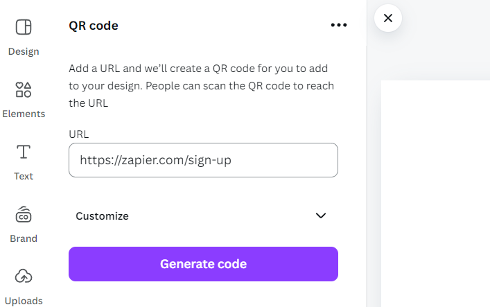 Screenshot showing where you click to create a QR code in canva