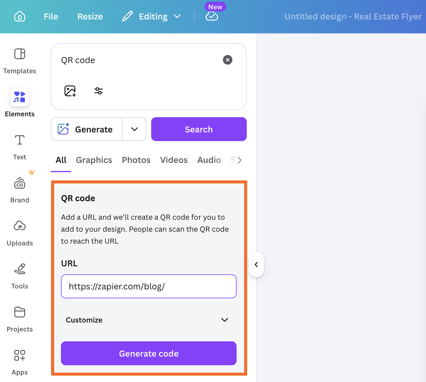 Canva Elements side panel open on a design page with the QR code generator field highlighted.