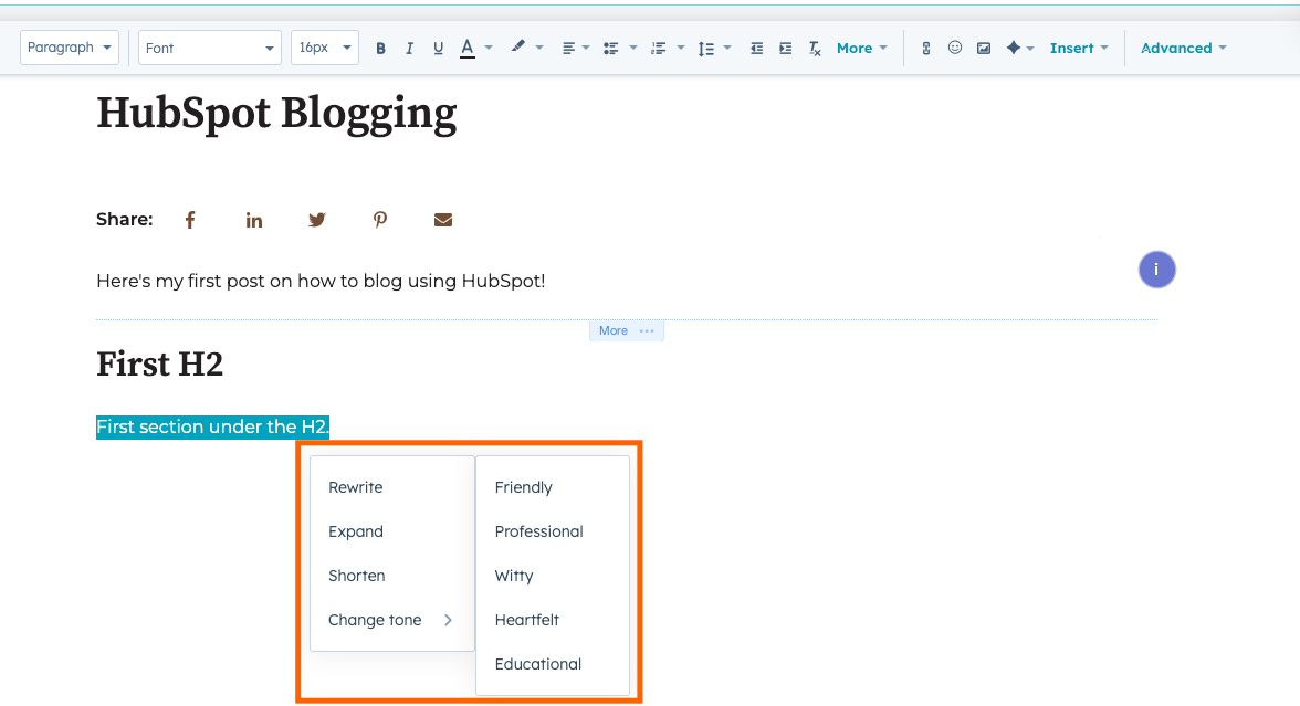 Screenshot of HubSpot's AI feature, showing how users can select editable text from an in-progress blog post and the dropdown menu offers the following options: rewrite, expand, shorten, or change tone