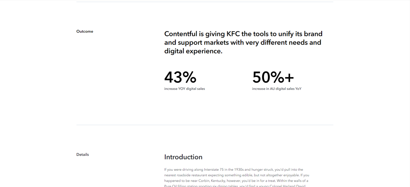 Screenshot of KFC and Contentful's case study showing the outcome of the study, showing two stats: 43% increase in YoY digital sales and 50%+ increase in AU digital sales YoY