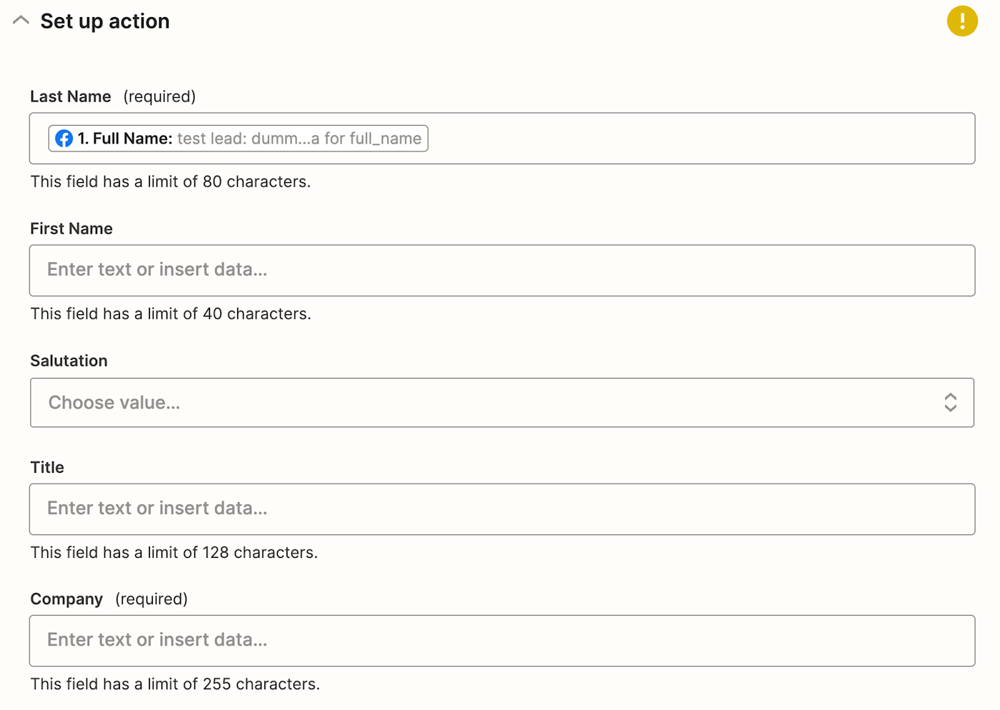 Salesforce fields with Facebook Lead Ads data entered in them. 