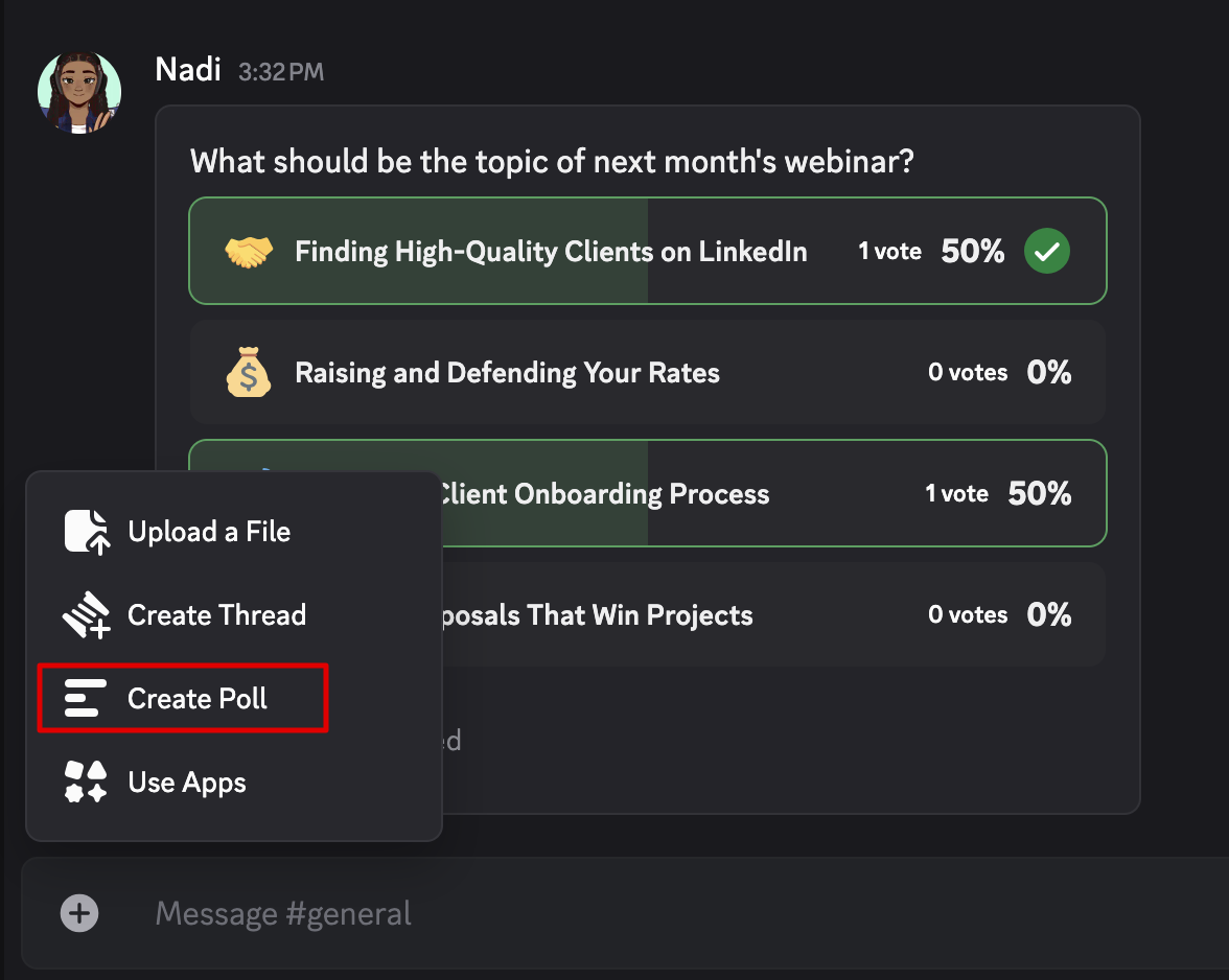 The Create Poll option in Discord