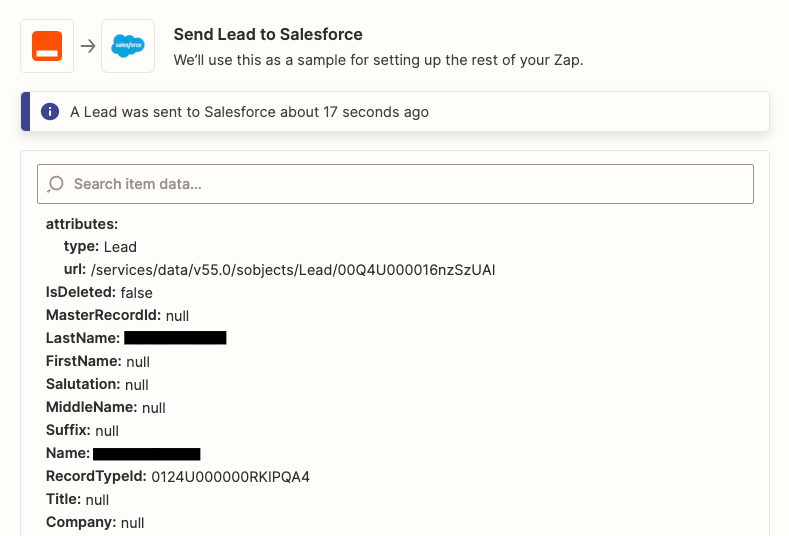 A success message about sending a lead to Salesforce