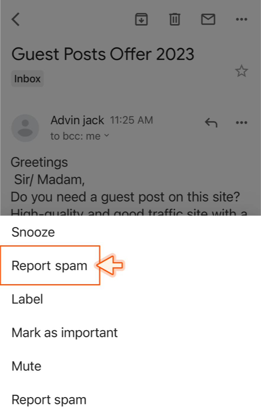 Screenshot showing how to report spam on Gmail app.