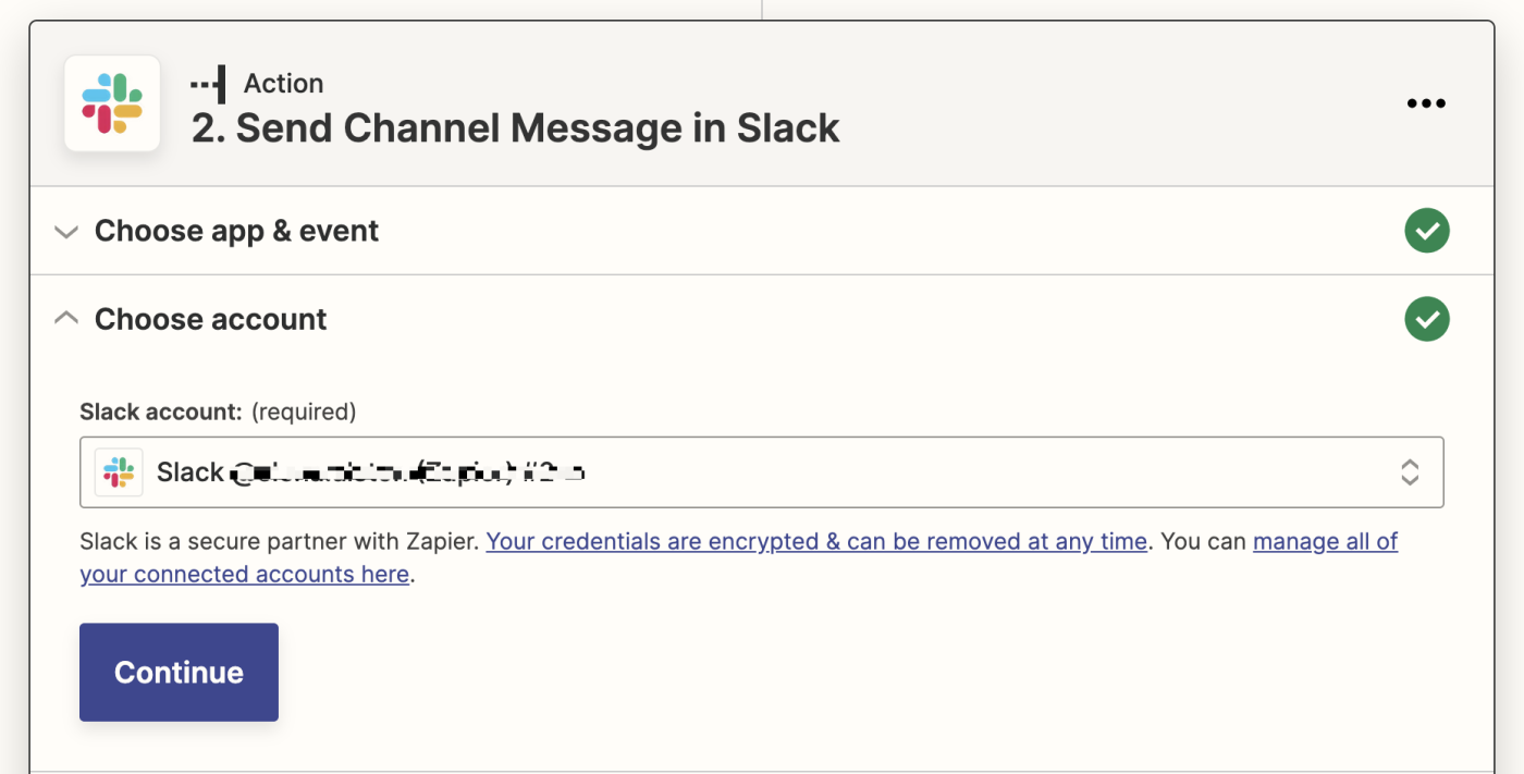 A Slack account selected in the Slack account field