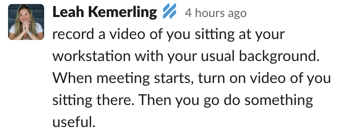 Leah's idea: "record a video of you sitting at your workstation with your usual background. When meeting starts, turn on video of you sitting there. Then you go do something useful."