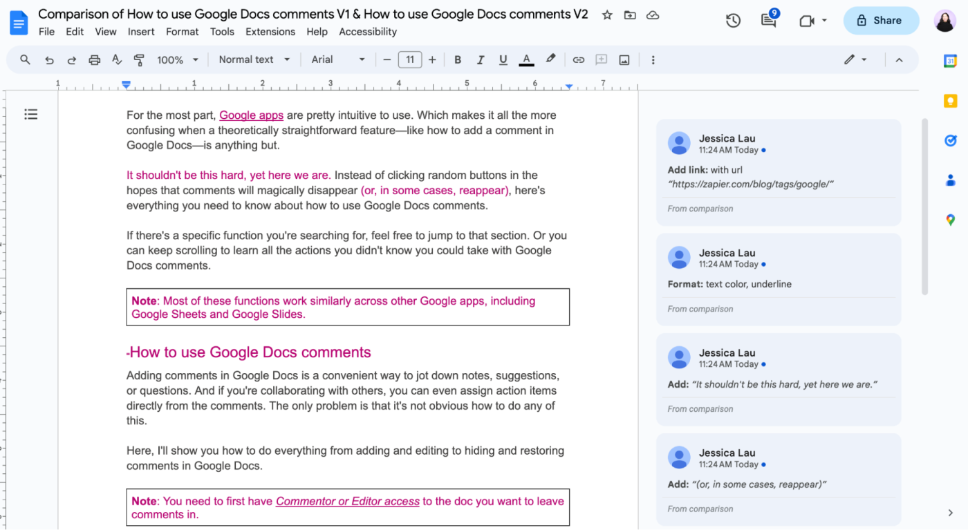 Comparison of two Google Docs documents in a new document. Revisions from the second document are incorporated into the content of the original document, and they're also displayed as suggested edits. 