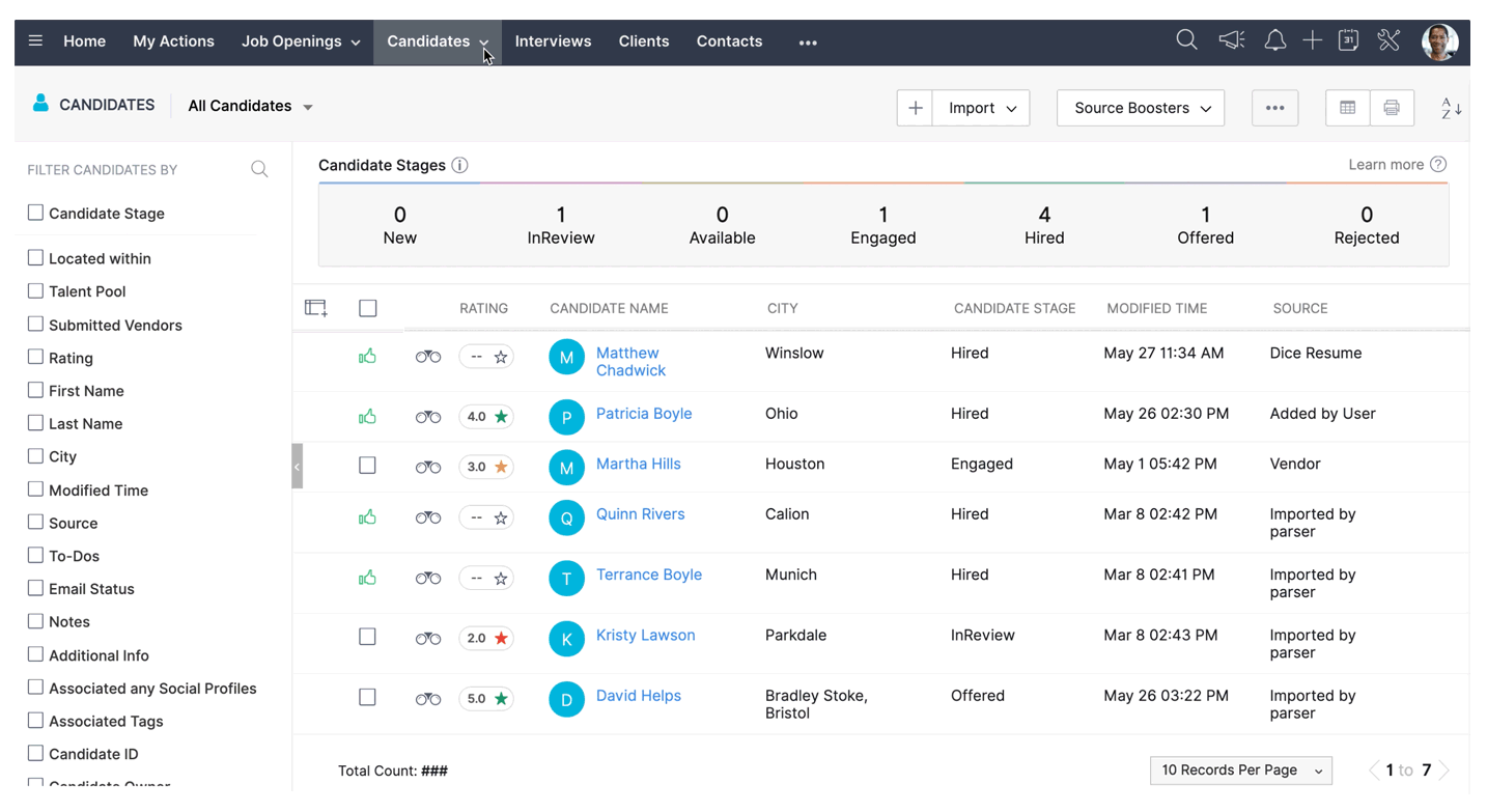 Zoho Recruit interface showing a list of candidates.