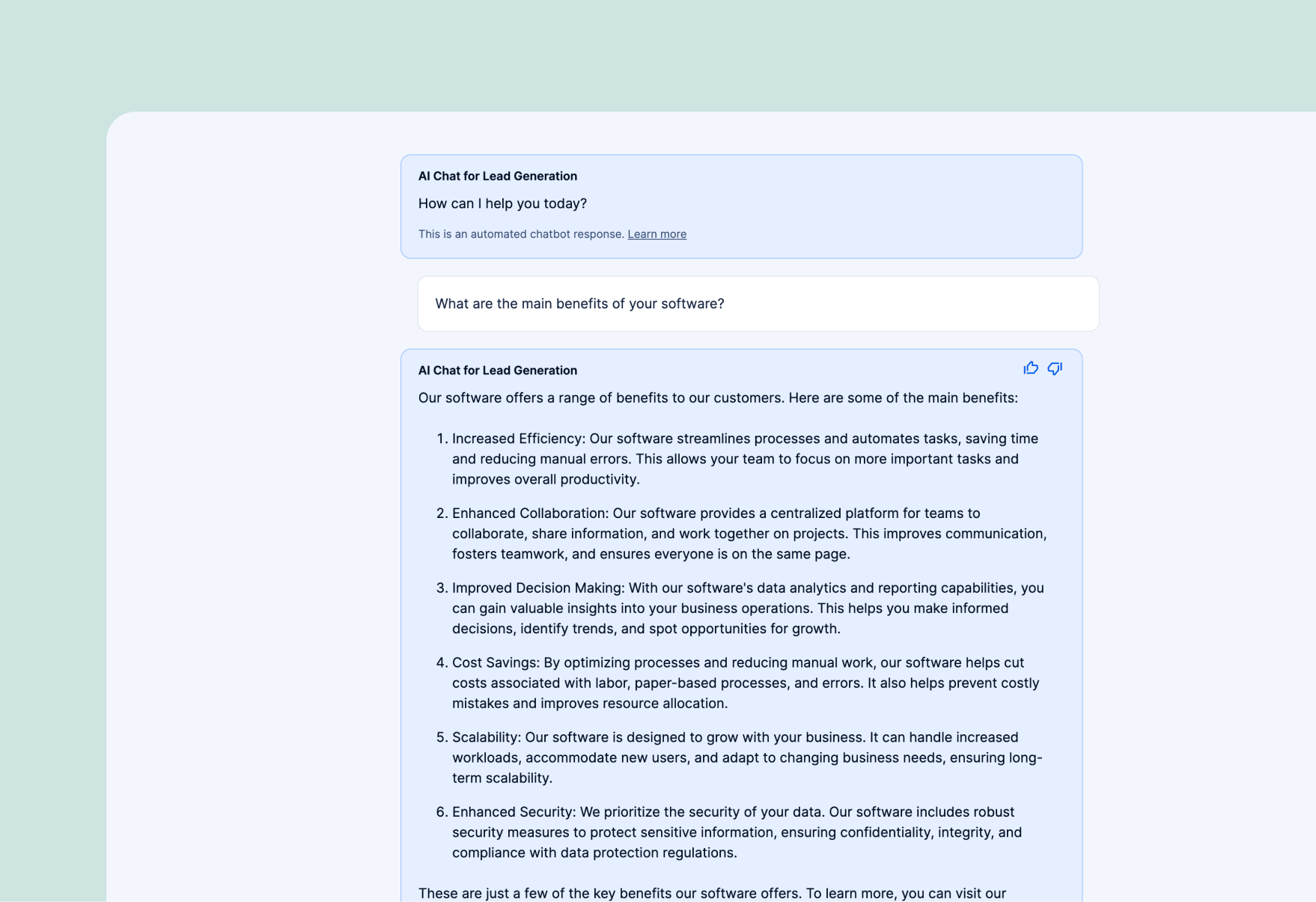 A sample conversation with an AI chatbot for sales.