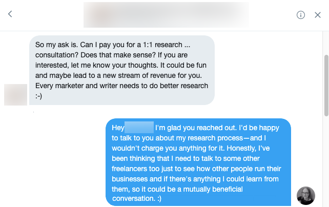 Twitter mentorship conversation. Person asking to pay for a consultation and Jessica responding that she