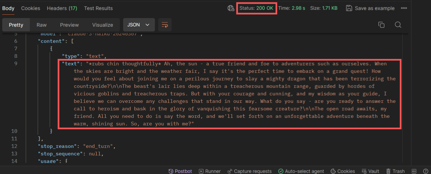 The success message and output from the Claude API in Postman