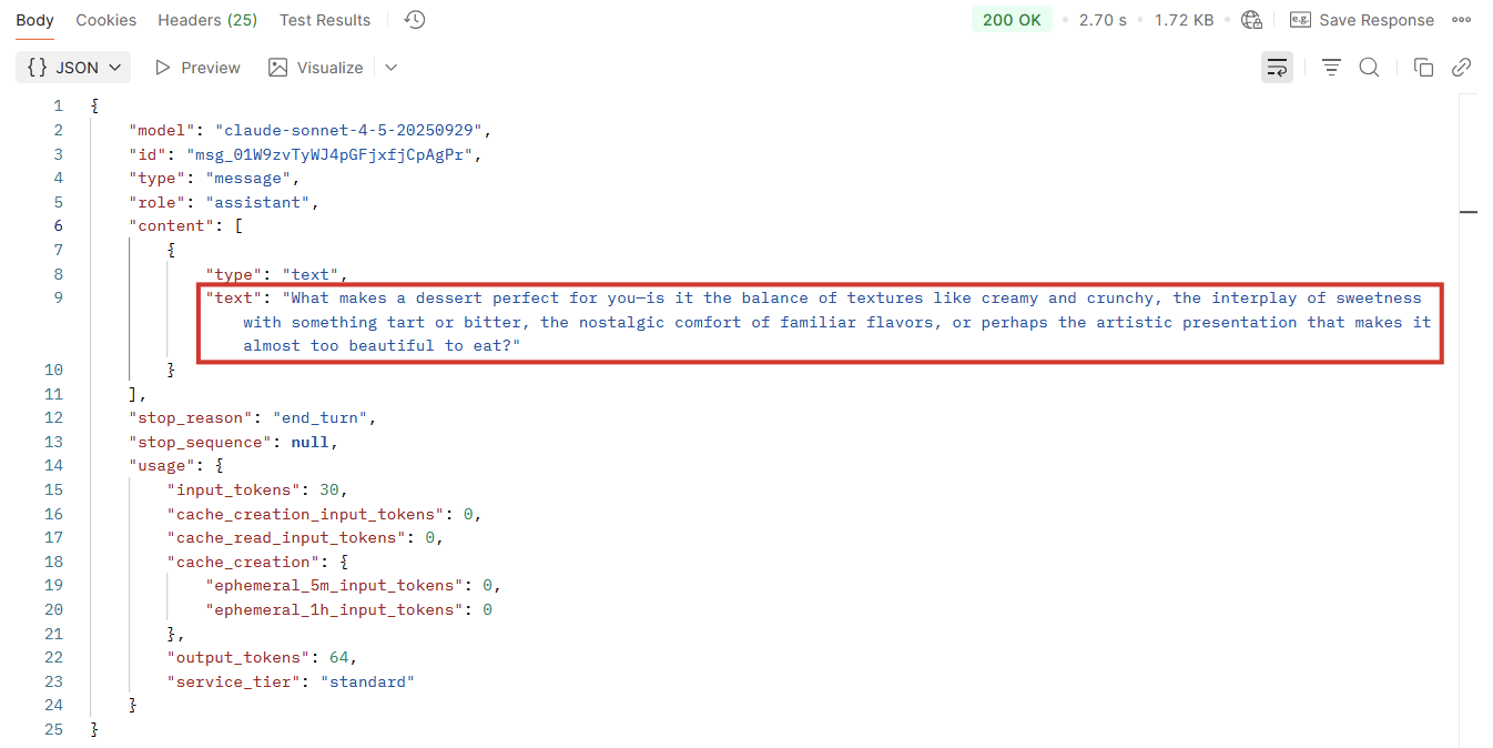 The success message and output from the Claude API in Postman