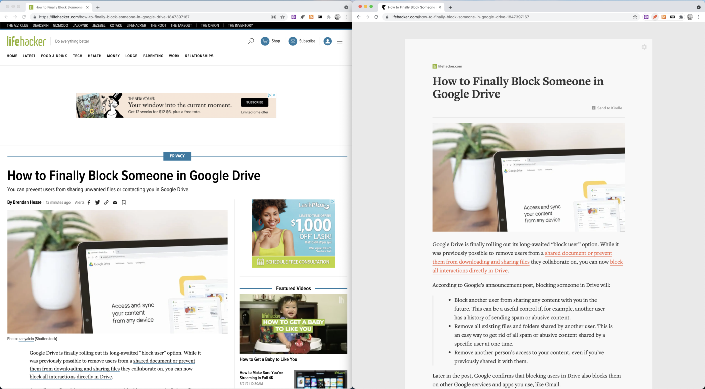 No reader mode view side-by-side with reader mode using a Chrome extension