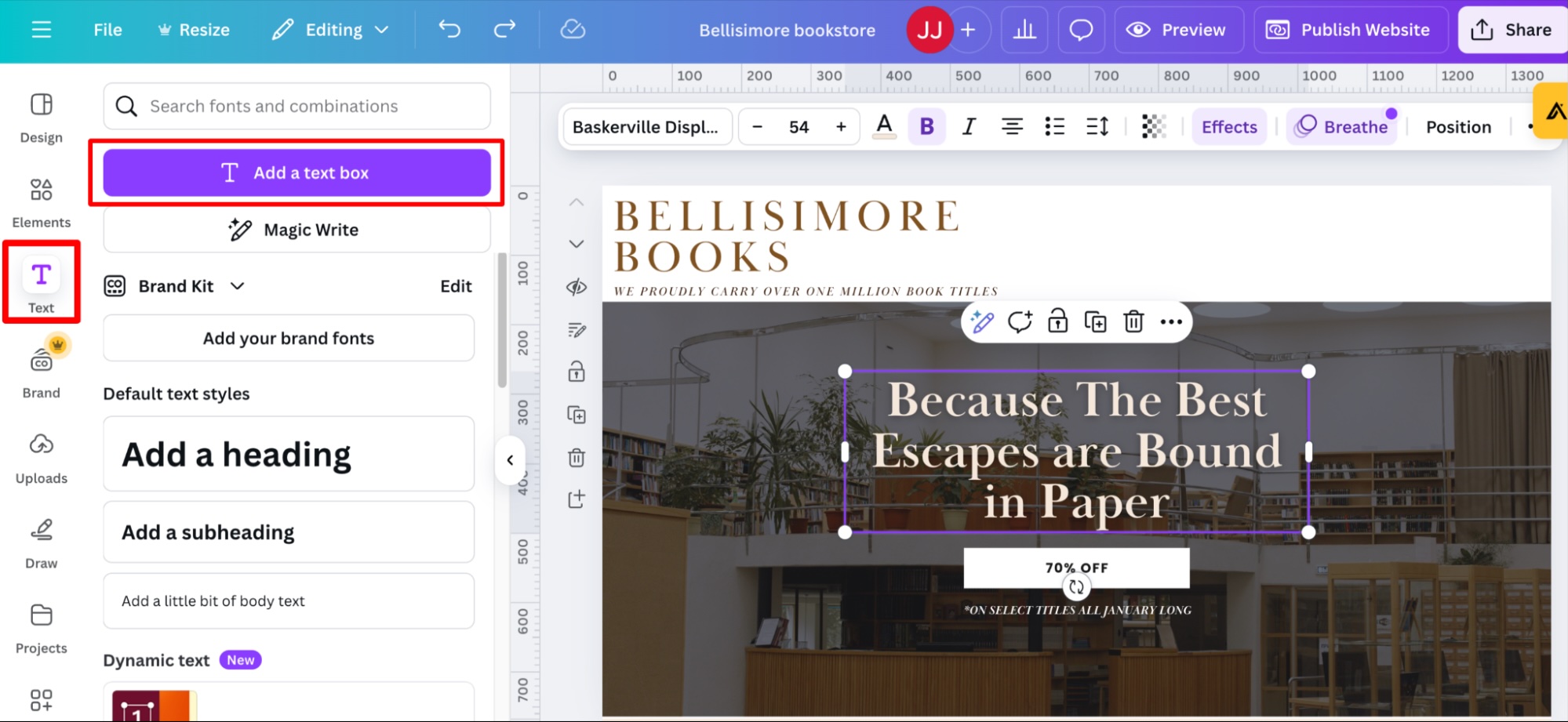 The text box buttons in Canva to edit text