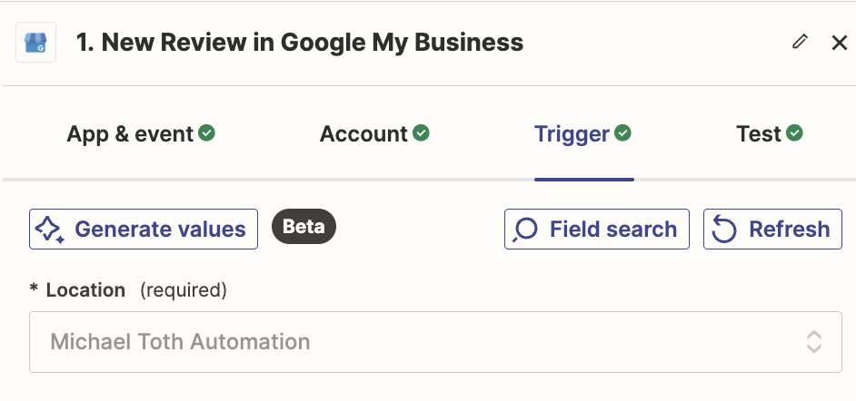 The Location field in a Google My Business trigger step in the Zap editor with "Michael Toth Automation" selected.