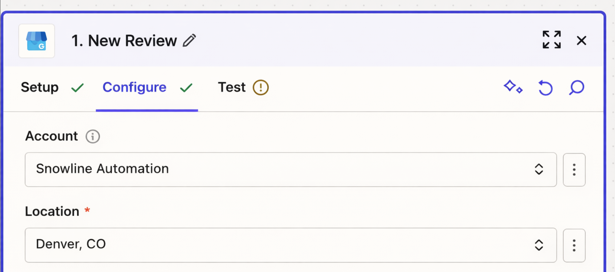 The Location field in a Google My Business trigger step in the Zap editor with "Michael Toth Automation" selected.