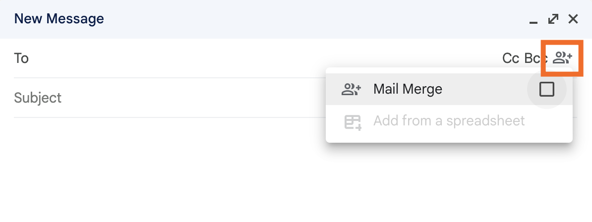 Gmail message with an expanded view of the use mail merge dropdown.