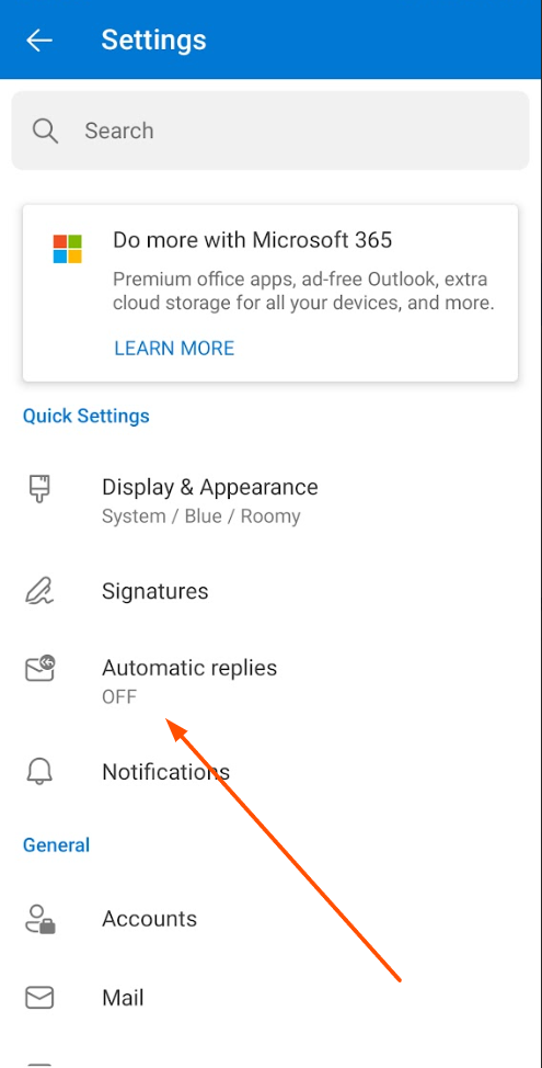 Screenshot of outlook automatic replies on mobile