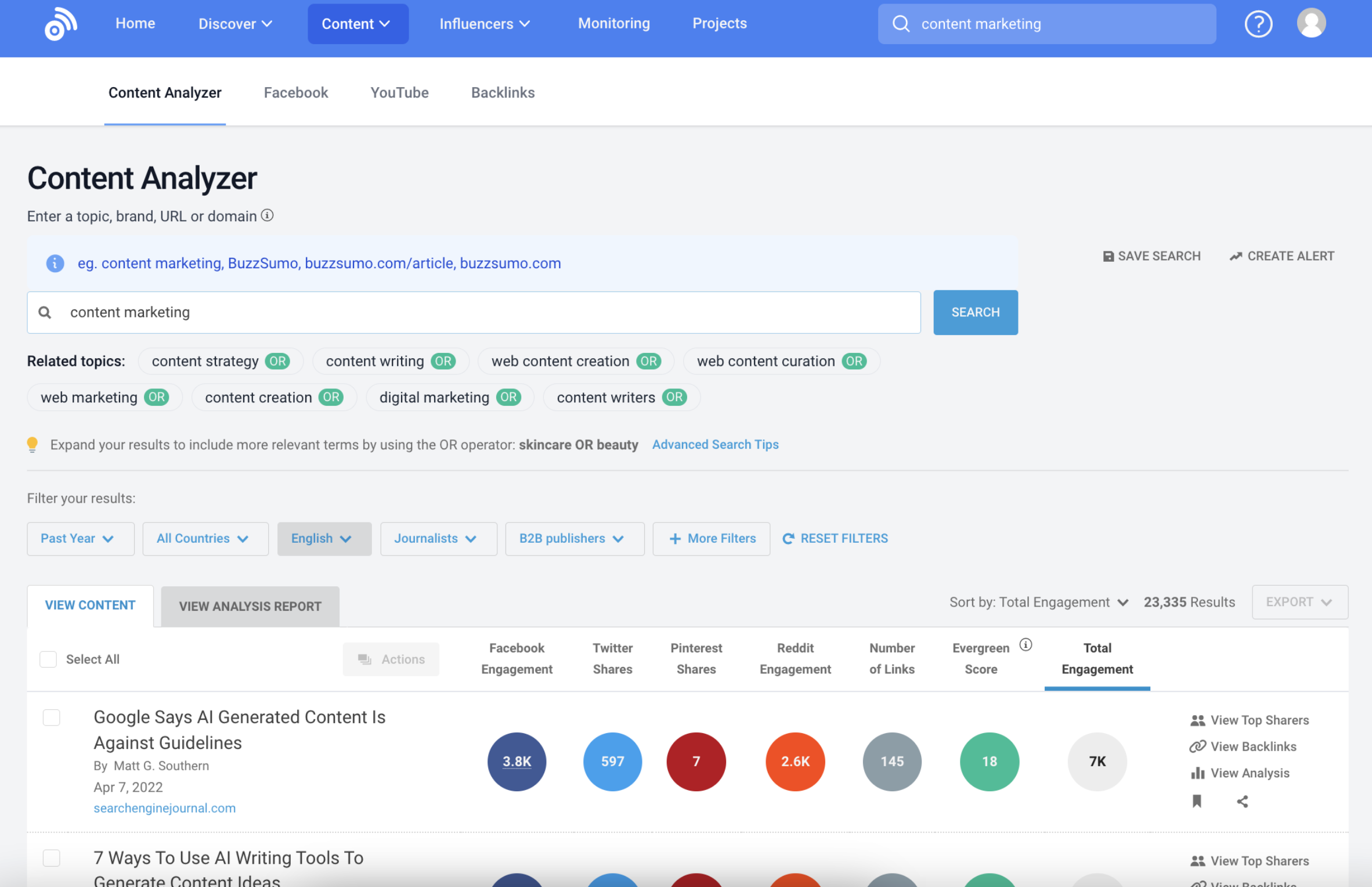 BuzzSumo, our pick for the best SEO tool for content ideation