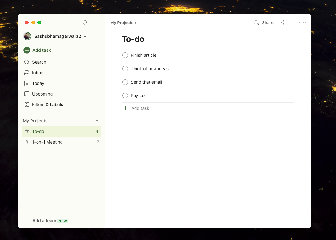 A basic to-do list in Todoist