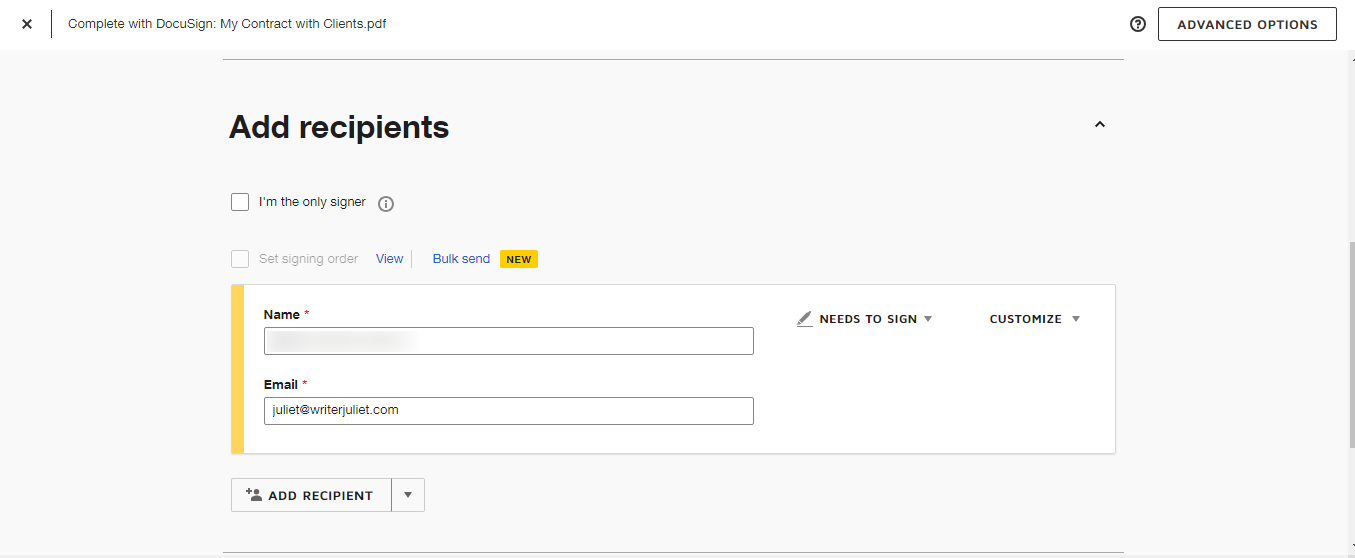 DocuSign's interface for sending signature requests