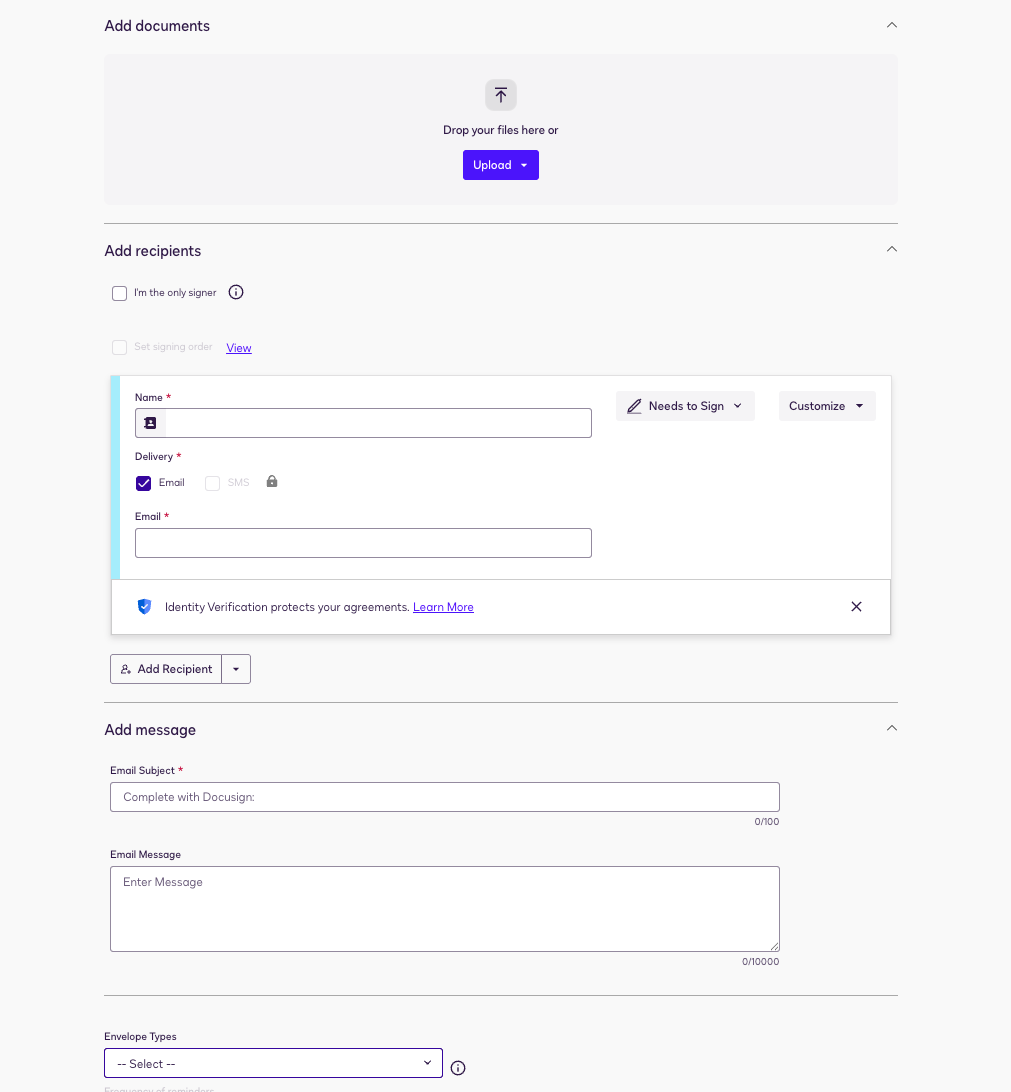 Docusign's interface for sending signature requests