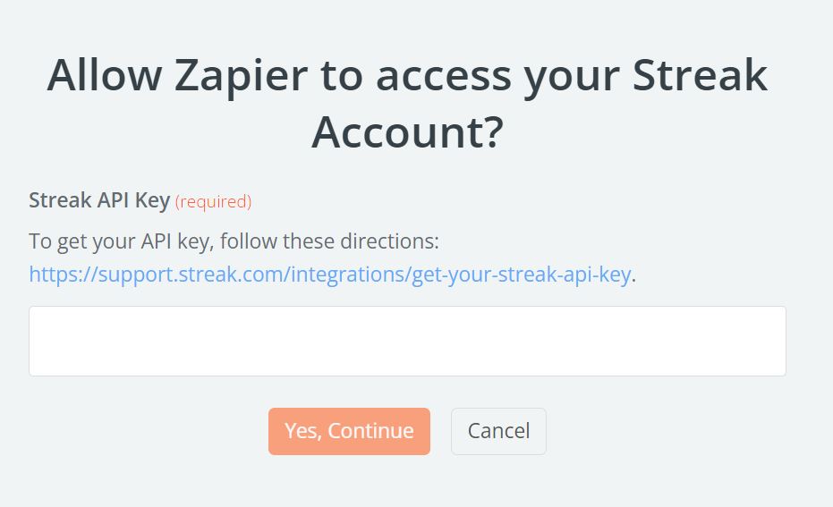 A pop-up window asking for permission to allow Zapier to access your Streak account.
