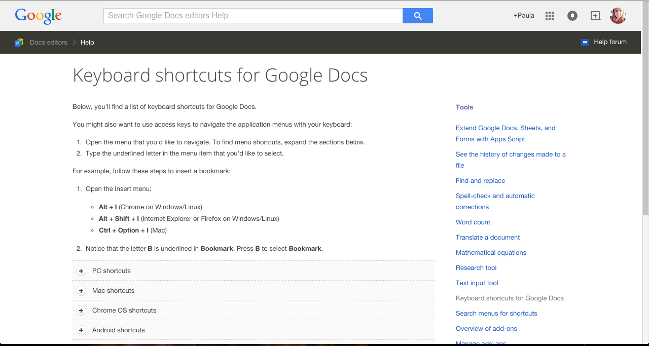 Google Docs Keyboard Shortcuts