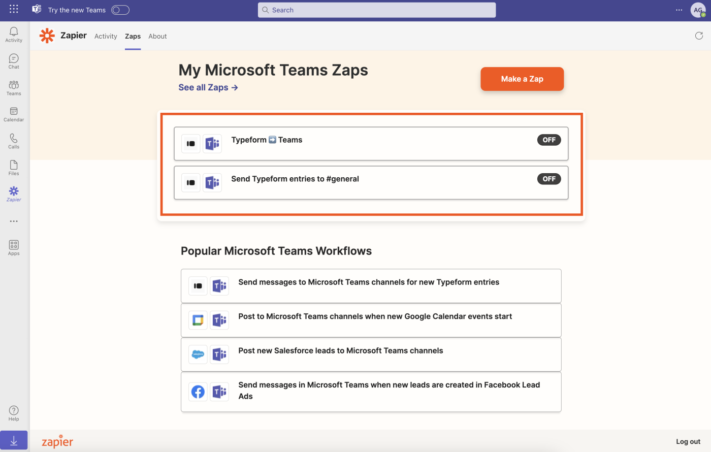 A screenshot of the Zapier app inside of Microsoft Teams, highlighting active Teams Zaps.