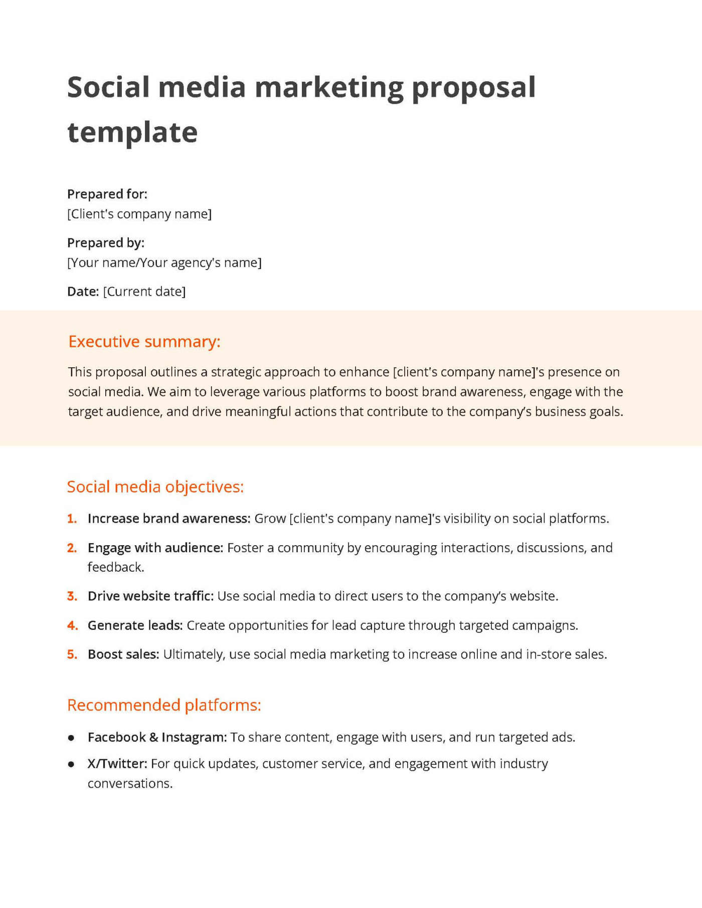 White and orange social media proposal template including a section for social media objectives and recommended platforms 
