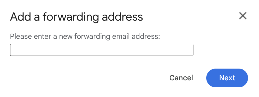 Popup in Gmail to enter a forwarding email address.