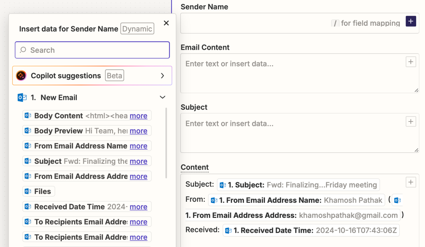 The Insert data menu for the Sender Name field with data from Microsoft Outlook shown in the dropdown.