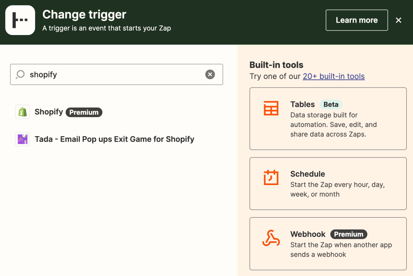 Screenshot of trigger step in Zap editor