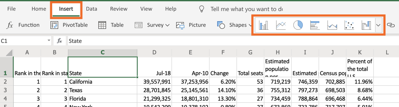 Graphs and charts toolbar in Excel Online