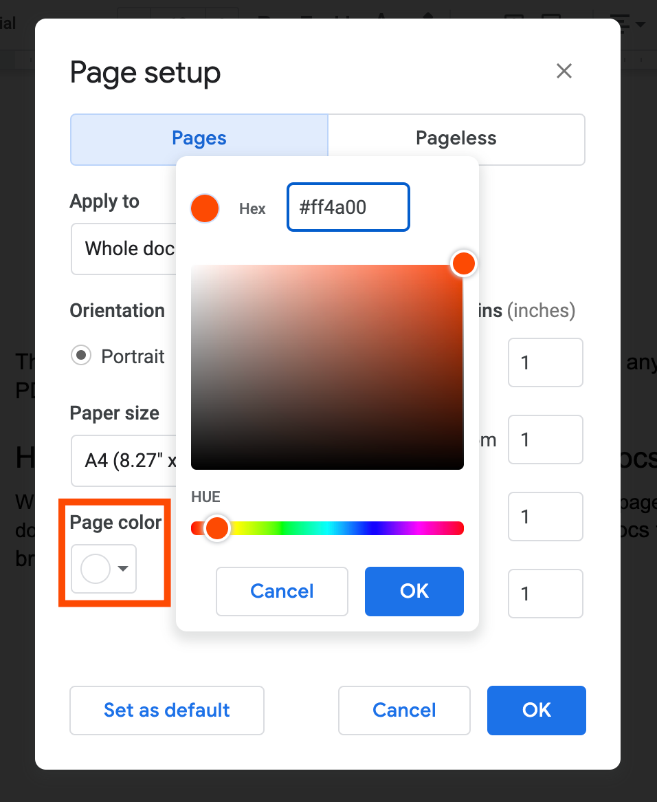 The Page color field in Page setup in Google Docs