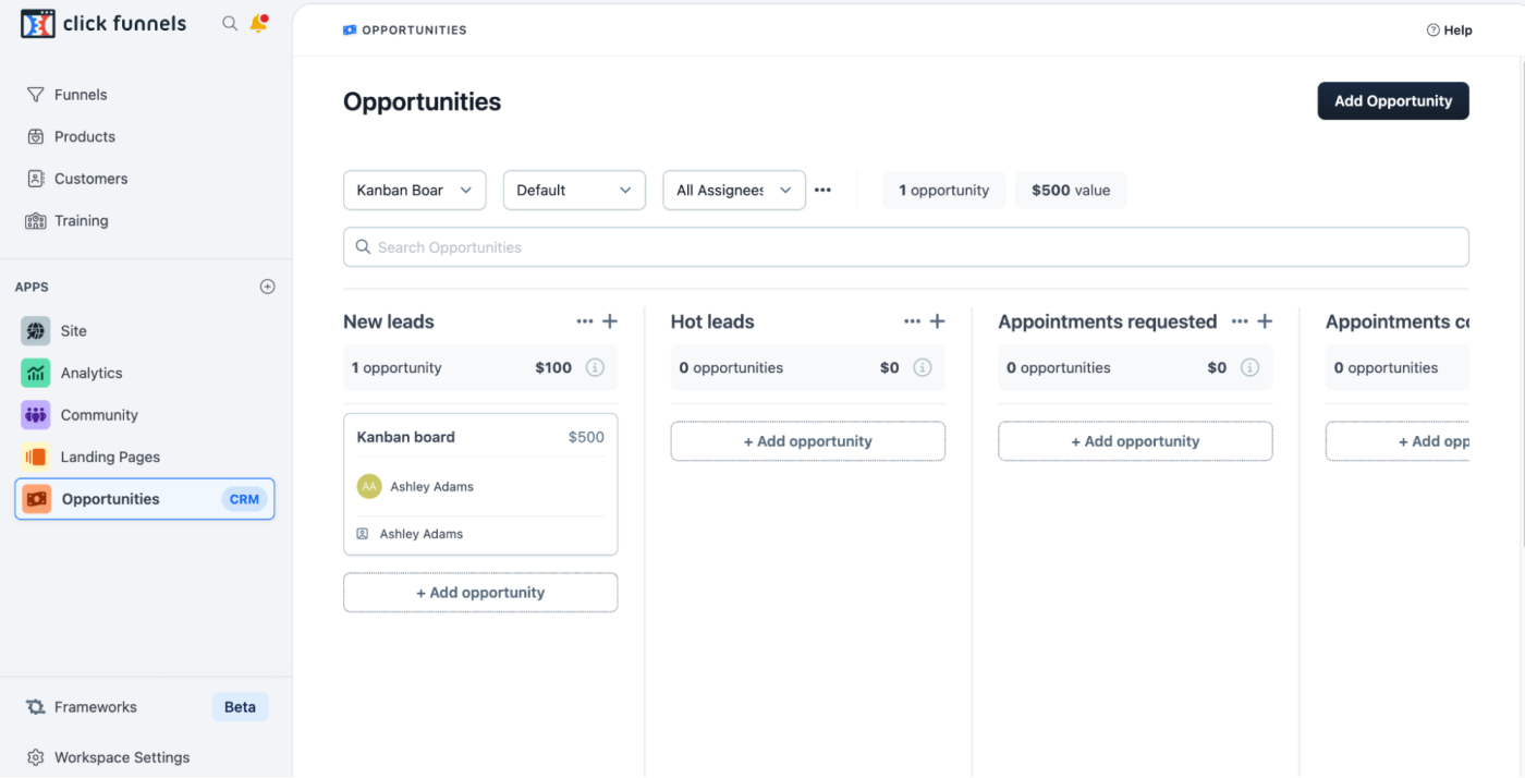 The CRM tool in ClickFunnels