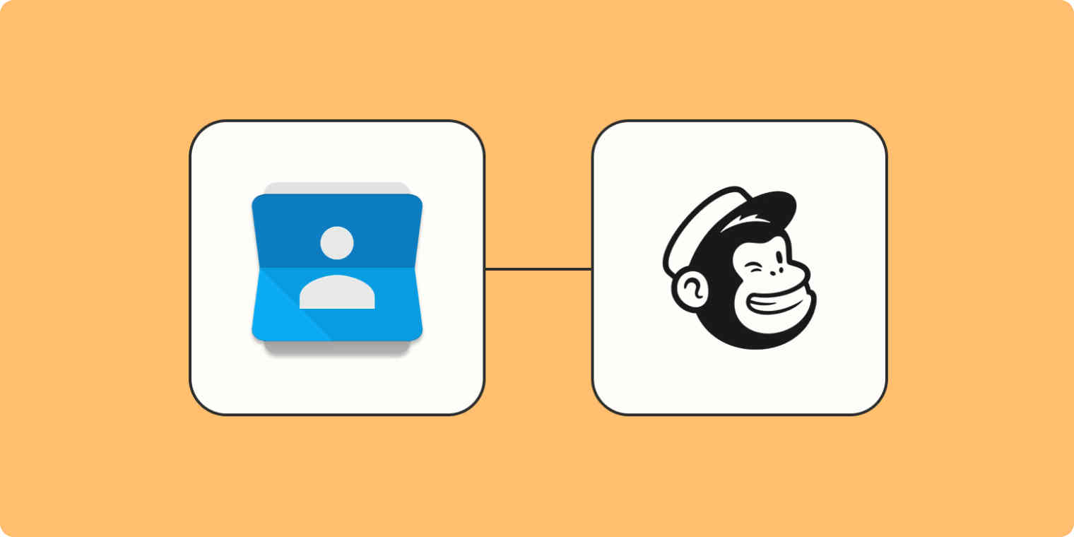The Google Contacts app logo connected to the Mailchimp logo on a mustard background.