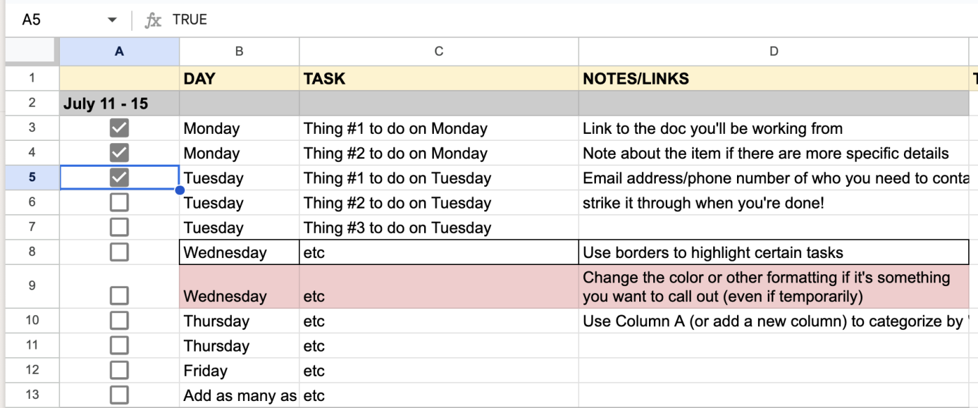 Google Sheets to do list template with checkboxes beside each task.