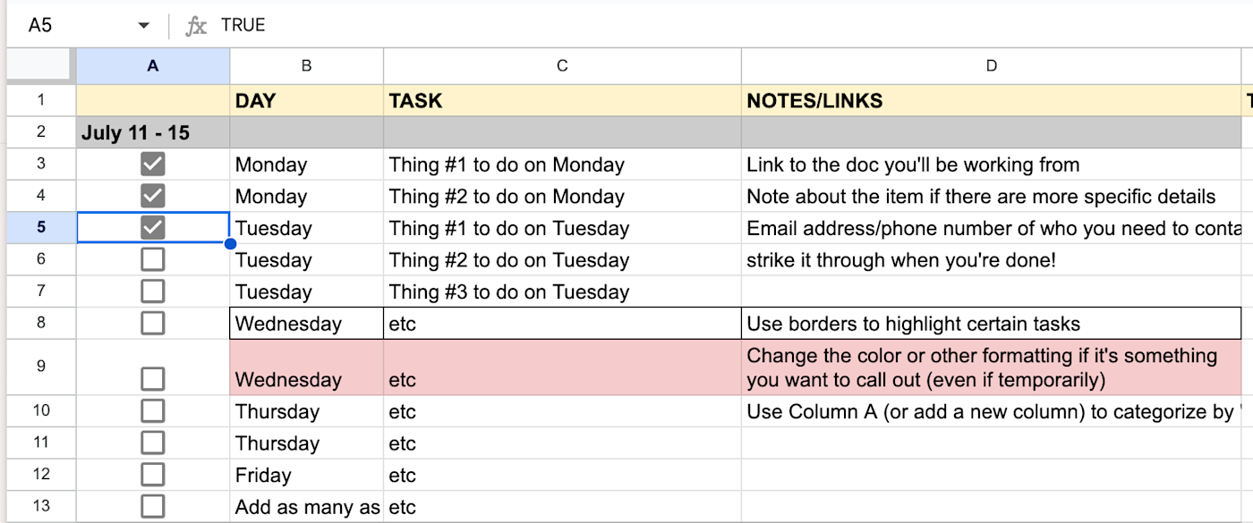 Google Sheets to do list template with checkboxes beside each task.