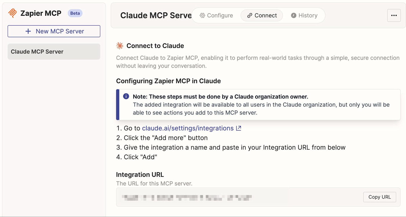 The Integration URL from Zapier