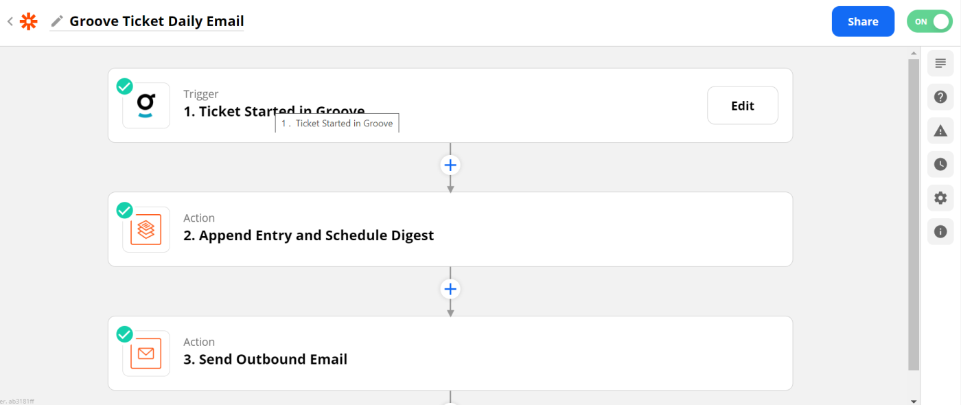 Zap set-up with trigger of "Ticket started in Groove" and action of "Send outbound email"