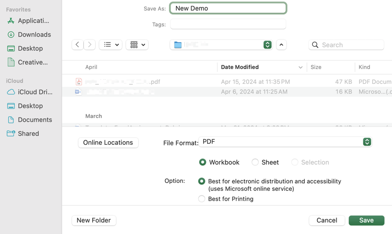 File save window in the Excel desktop app.