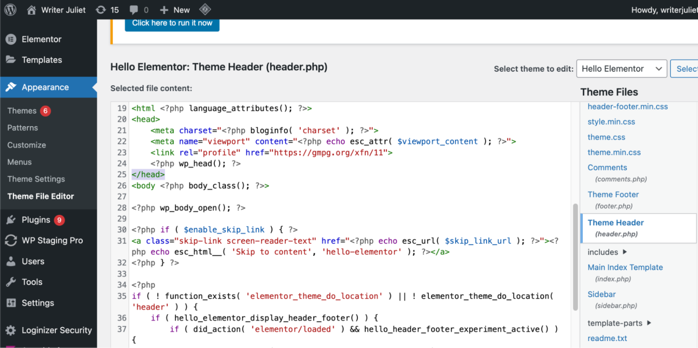 Theme header script in WordPress with the closing head tag highlighted.