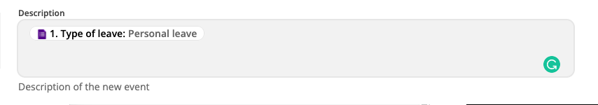 Customizing the Google Calendar action step in the Zap editor. The Description field has a Google Forms response mapped. 