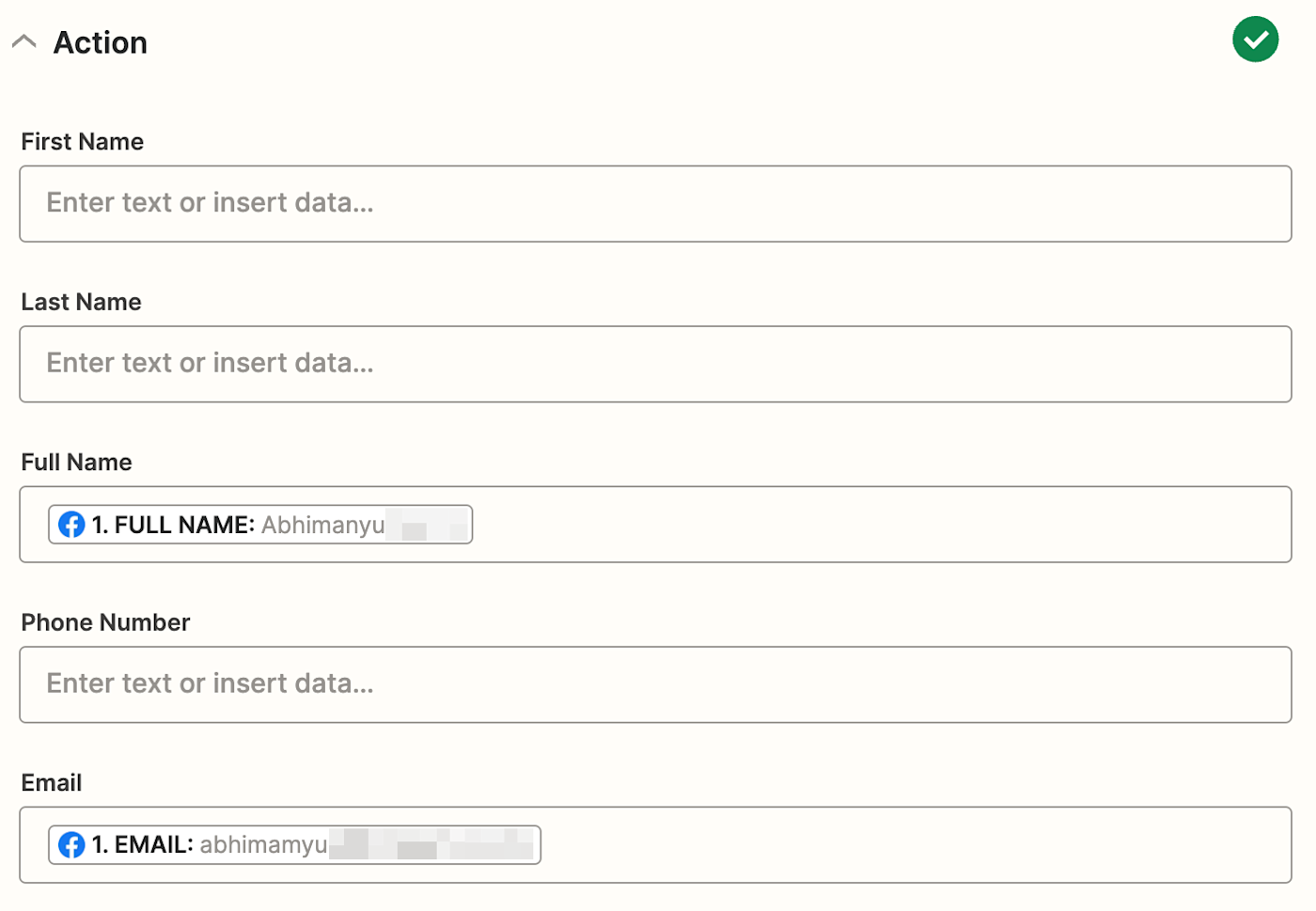 A set of fields for LeadConnector in an action step in the Zap editor.