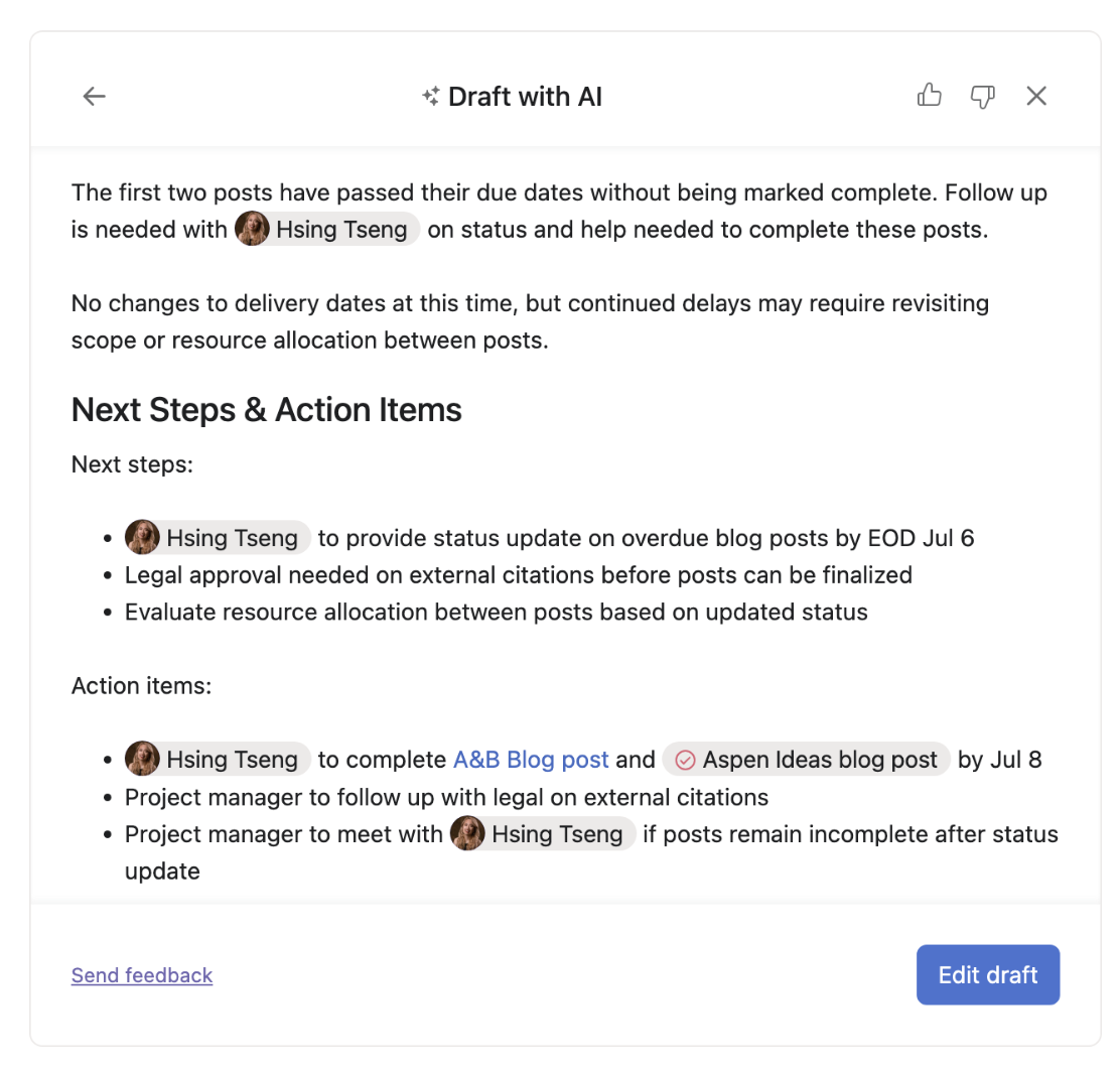 An image from Asana of AI-drafted content that outlines next steps and action items.