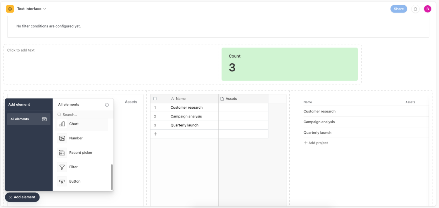 Screenshot showing how you can edit interfaces in Airtable.