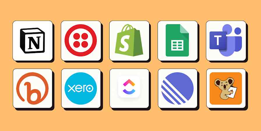 A hero image of assorted Zapier integration app logos on a mustard background.