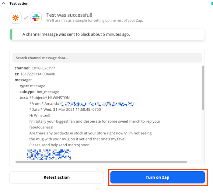 email-by-zapier-guide-35-turn-on-zap A red box highlights a blue button in the Zap editor to turn on the Zap.